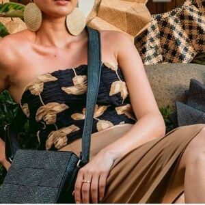 NWT Zara Black and Tan Strapless Ruched Floral Crop Top Size Small